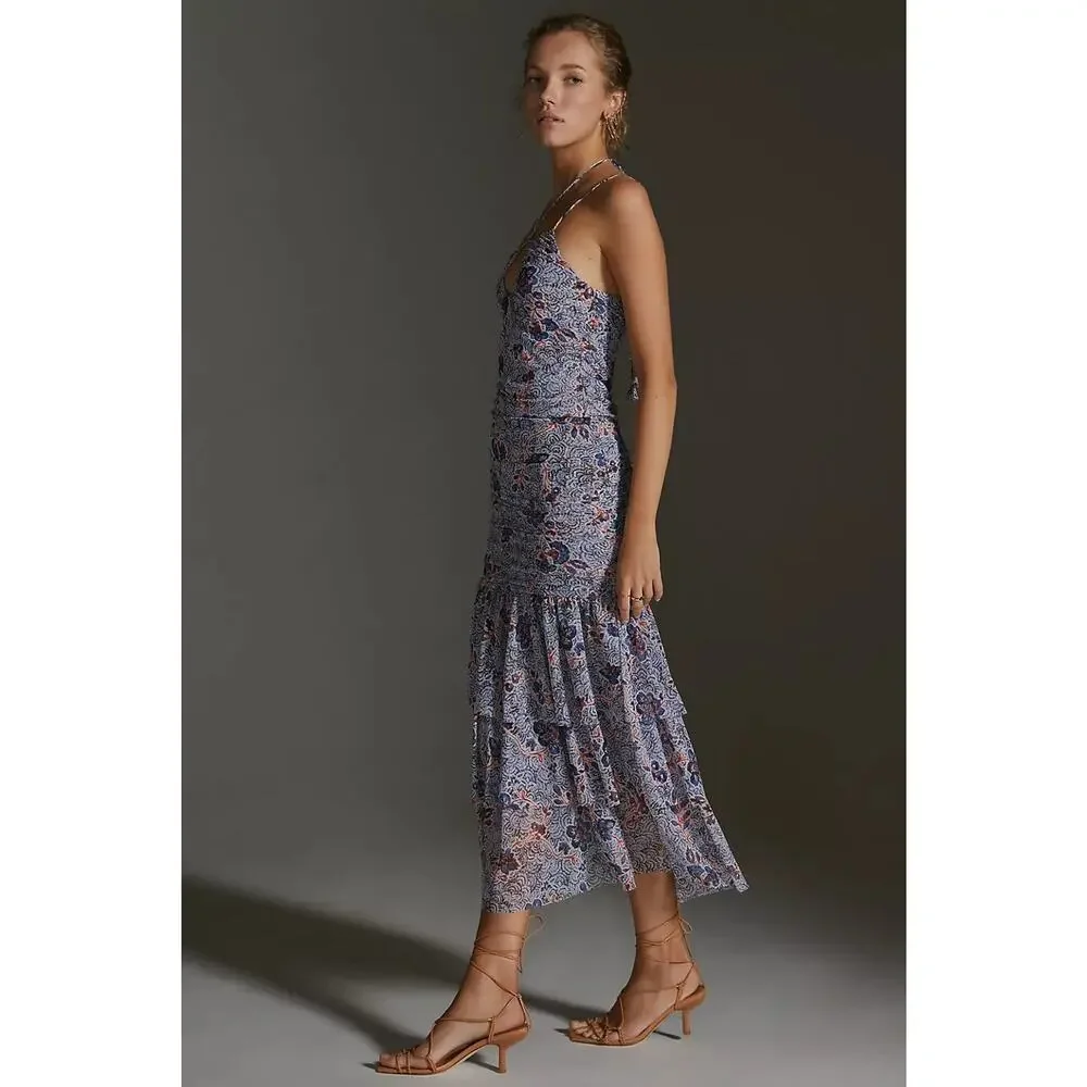 NWT MISA MISA LOS ANGELES Halter-Neck Mesh Midi Dress Size XS Blue #MB446 - Picture 4 of 11